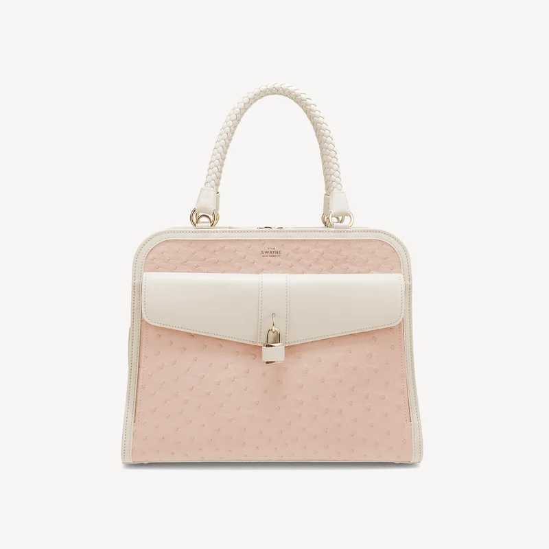 Bel-Air Handtasche – Rosa und Weiß aus Straußenleder (poliertes Messing)